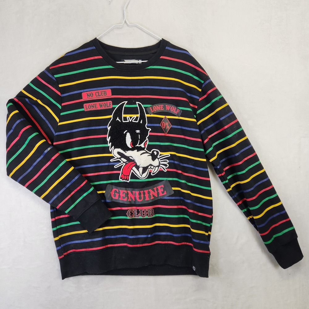 Genuine Mens Lone Wolf Graphic Striped Sweatshirt Black Multi XL‎